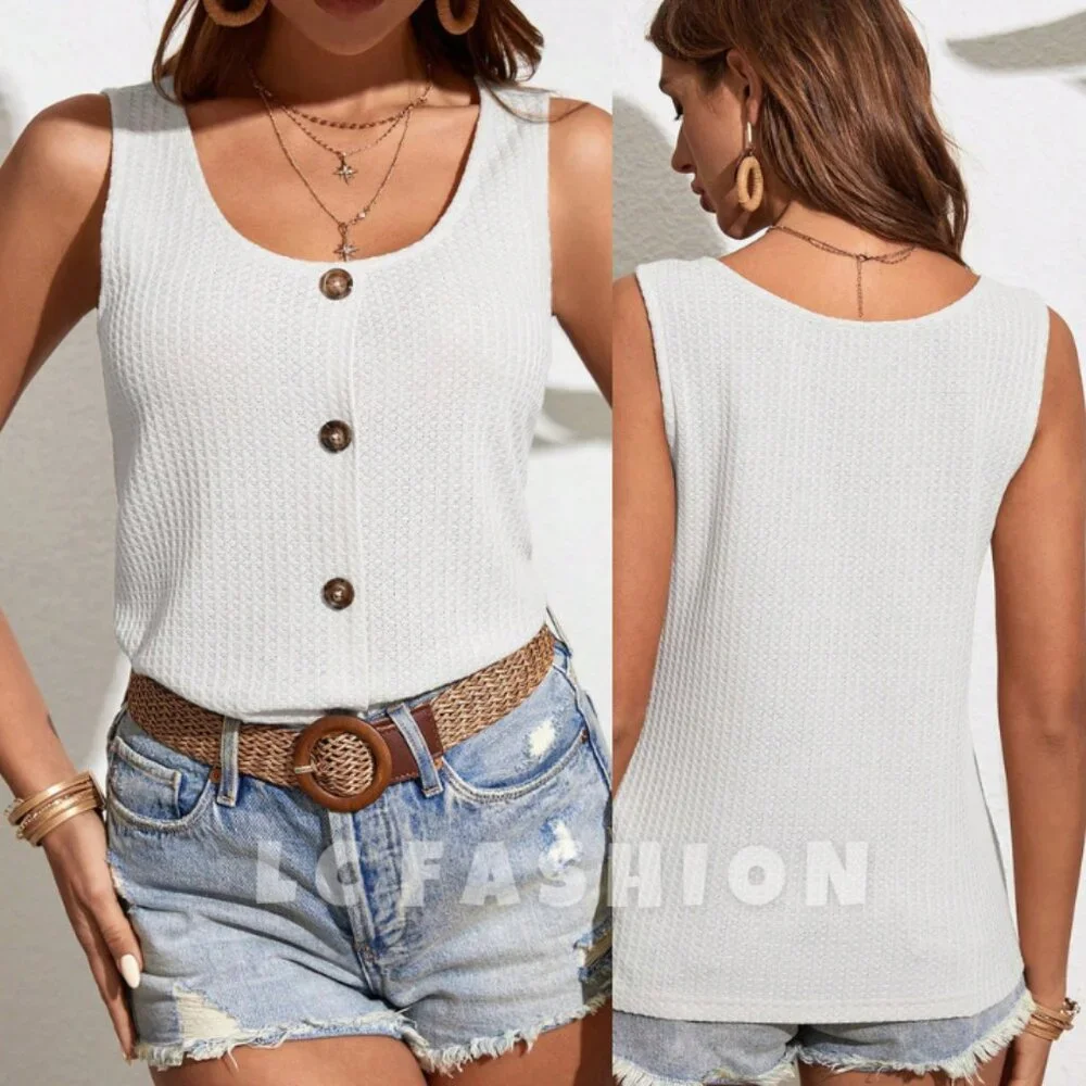 Tank Top, Waffle Knit Fake Button Tank Top, Cami Top, Summer Sexy Minimalist Top - Picture 1 of 8